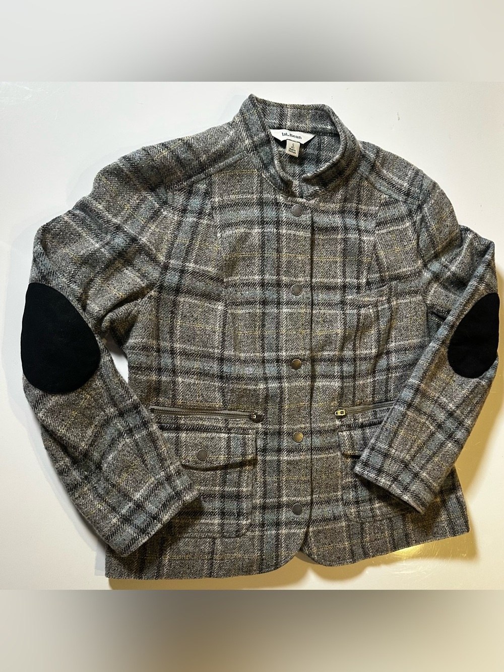 LL Bean Womens Sm Blazer Jacket Herringbone Tweed Wool Silk Snaps Elbow Patches